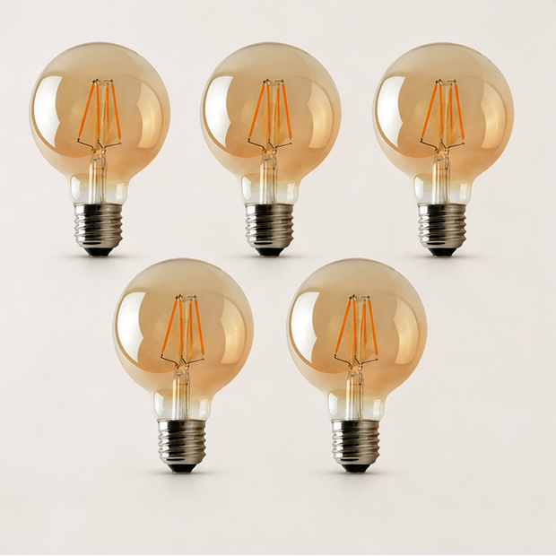 Brompton - Vintage Amber Glass G95 LED Globe Bulbs, E27 Dimmable 2700K, 4W, Set of Five