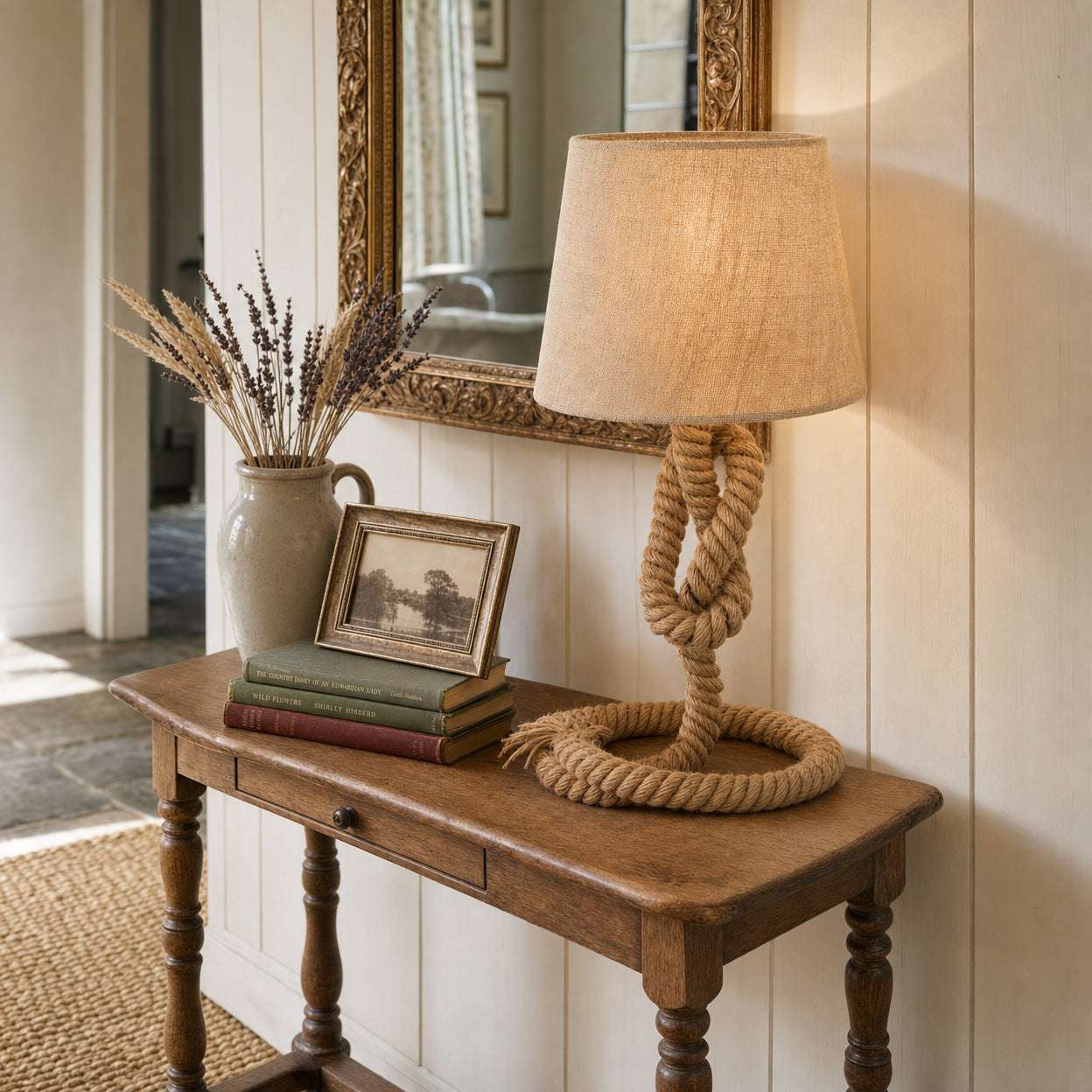 Aldeburgh hemp-rope and natural-linen drum table lamp on a slim aged-oak hallway console in an English countryside cottage, beside a stack of vintage cloth-bound novels, a tarnished-silver-rimmed gilt picture frame and a stoneware jug of dried lavender and bleached wheat, with a chalky tongue-and-groove panelled wall and antique gilt mirror behind
