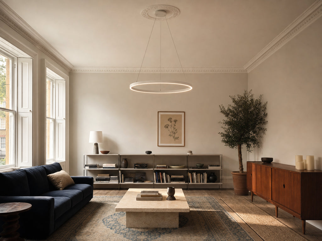 Aurelia LED halo pendant in a Georgian drawing room with an ornate ceiling rose