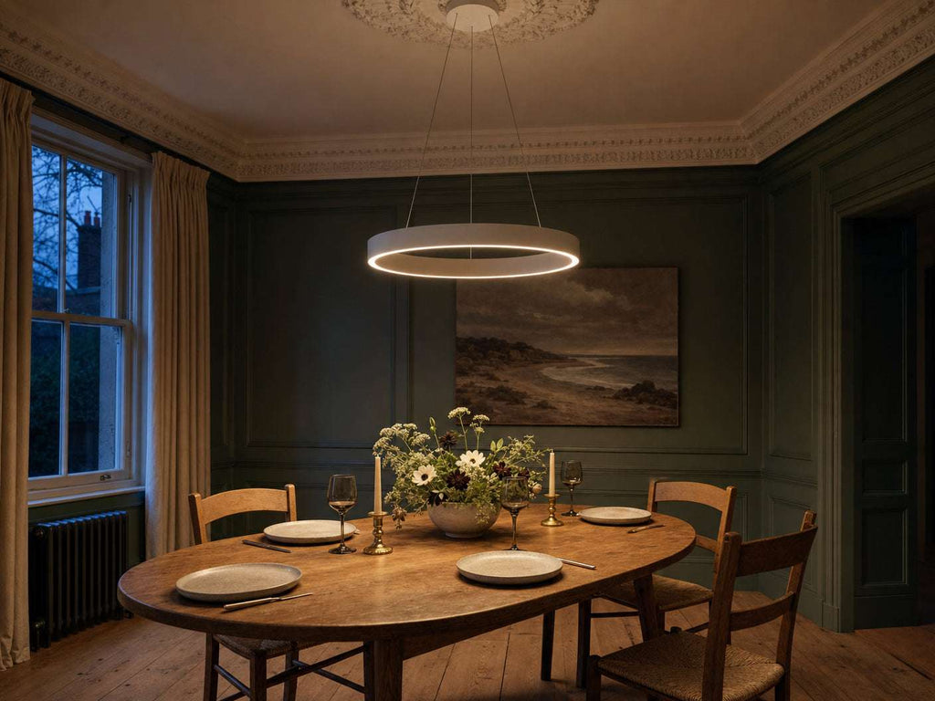 Aurelia LED halo pendant above oak dining table in studio-green panelled Georgian dining room