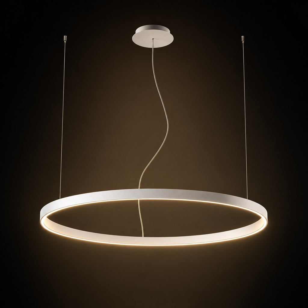 Aurelia LED halo pendant studio shot on dark charcoal backdrop