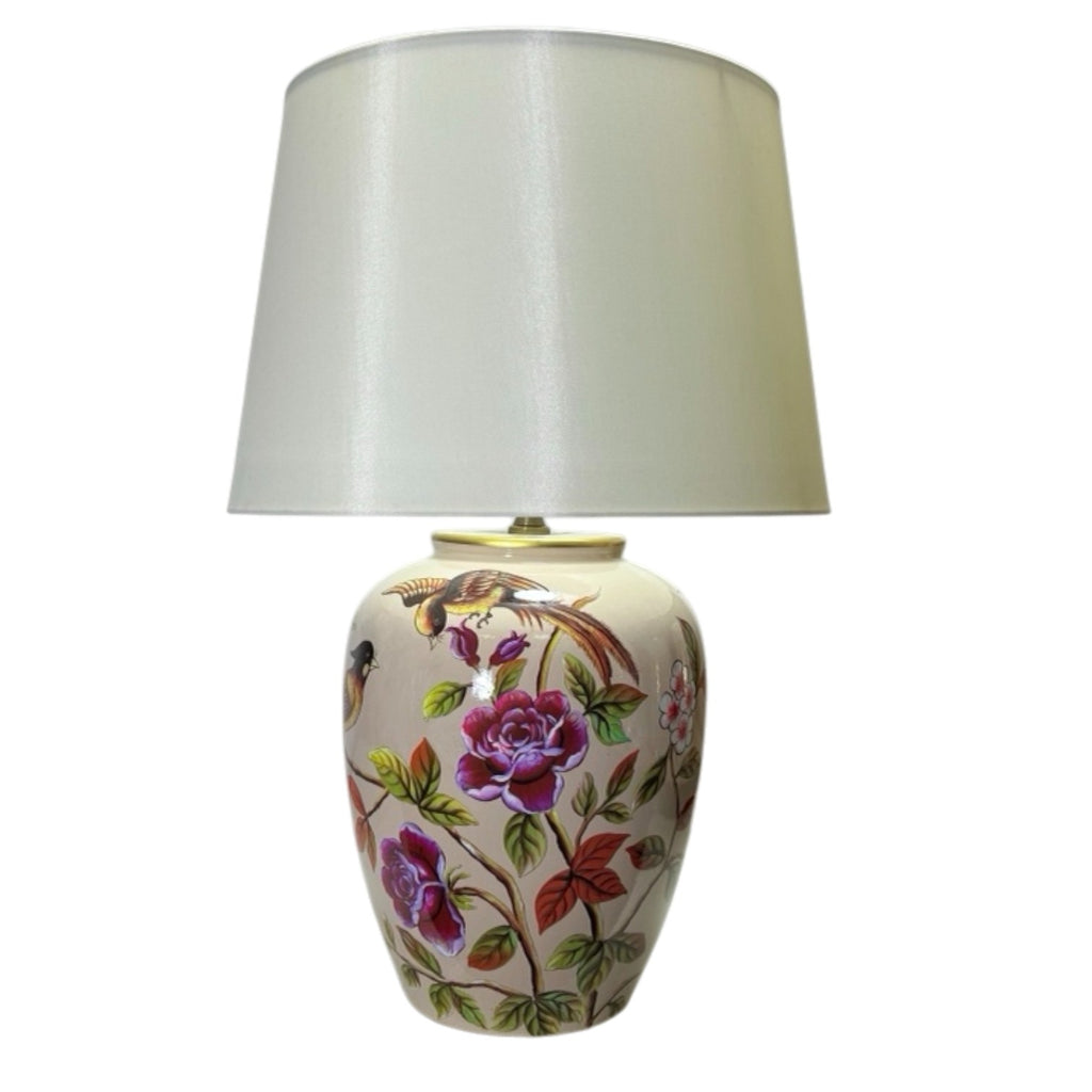 The Evelina Lamp — Floral Ceramic with White Drum Shade