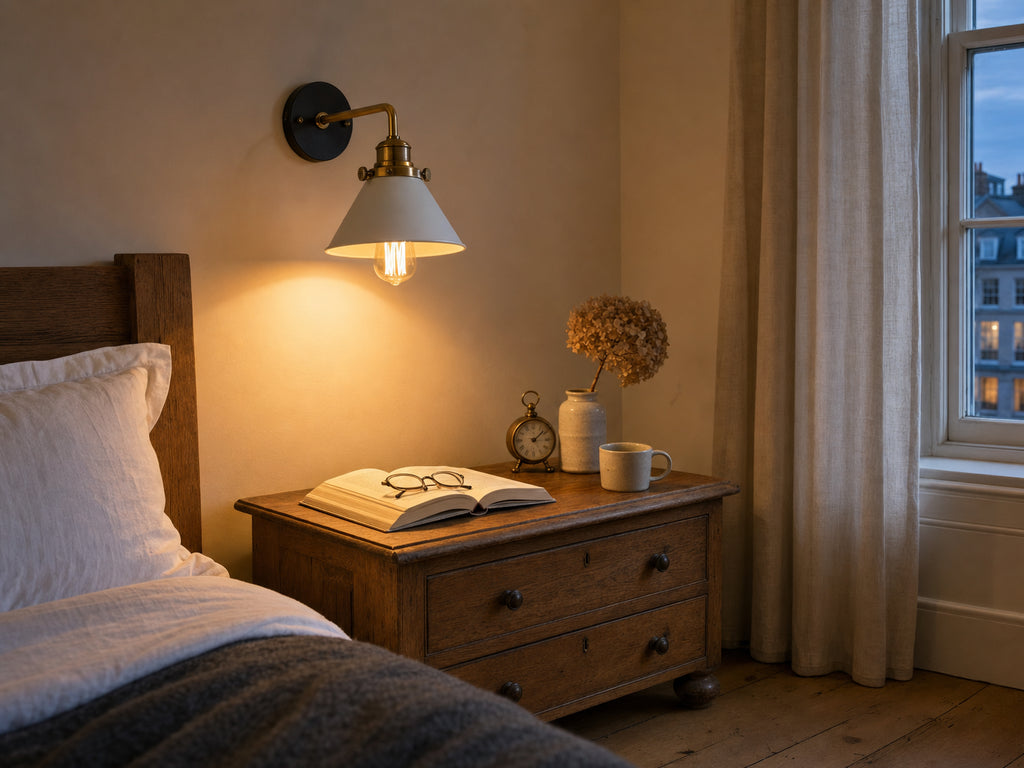Bayswater white cone wall sconce with brass collar mounted in a calm British townhouse bedroom above a low oak nightstand at headboard height, pooling warm Edison glow onto an open hardback book, reading glasses, brass alarm clock, and a small ceramic vase of dried hydrangea, sash window onto blue-hour twilight