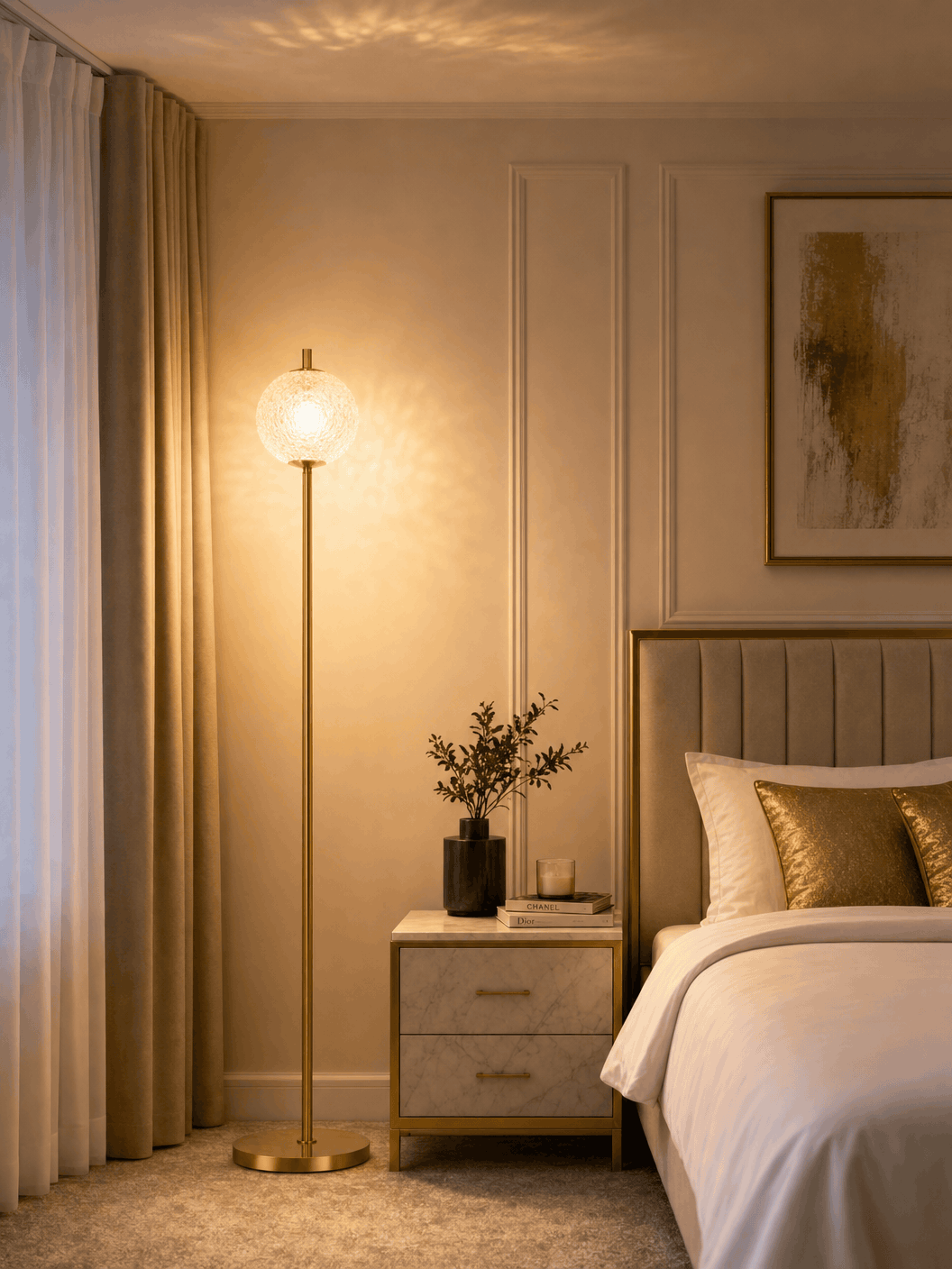 Belsize Gold Tone Floor Lamp with Textured Glass Shade in luxury bedroom