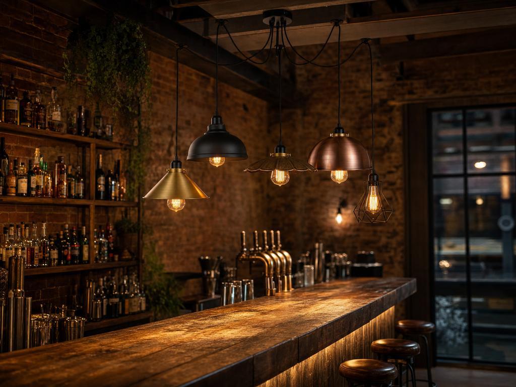Borough 5-light spider cluster pendant chandelier above a reclaimed-wood cocktail bar with exposed brick and brass taps