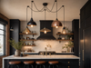 Borough industrial spider pendant with brass cone, black dome, copper dome, scalloped saucer and wire cage shades above a dark kitchen island