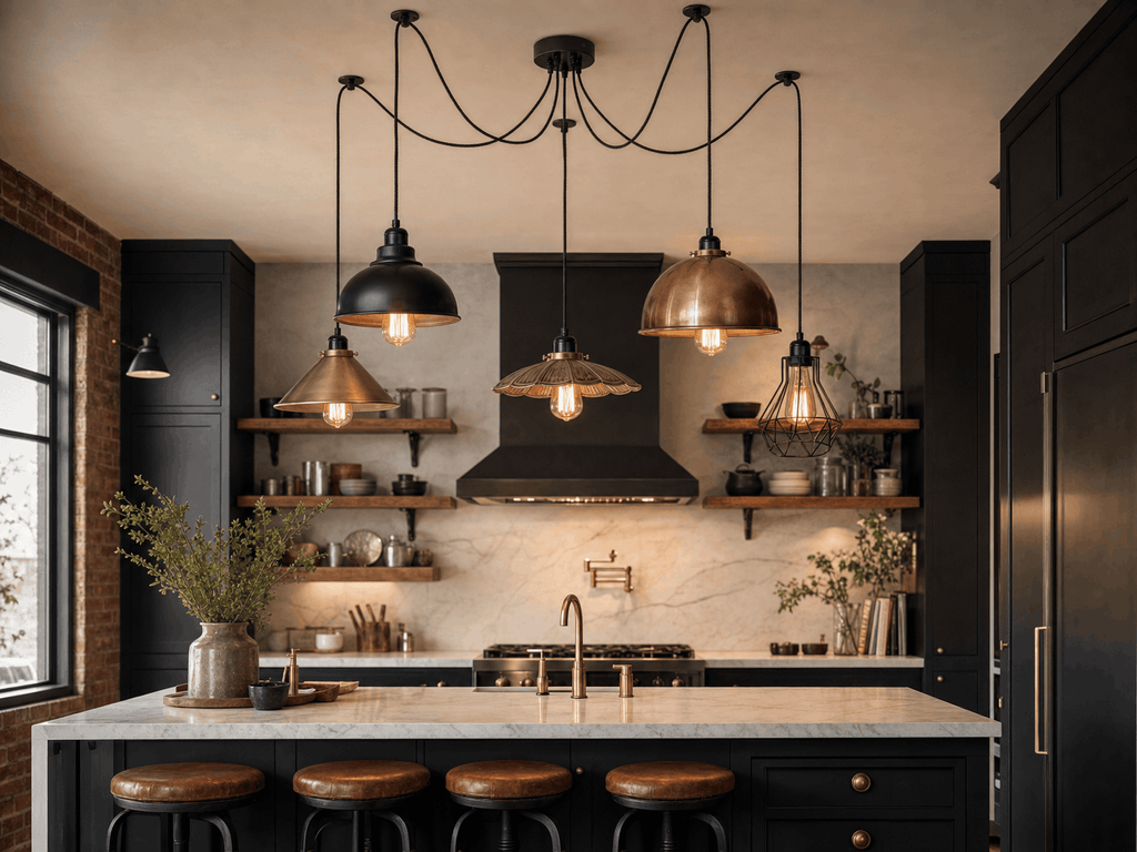 Borough industrial spider pendant with brass cone, black dome, copper dome, scalloped saucer and wire cage shades above a dark kitchen island