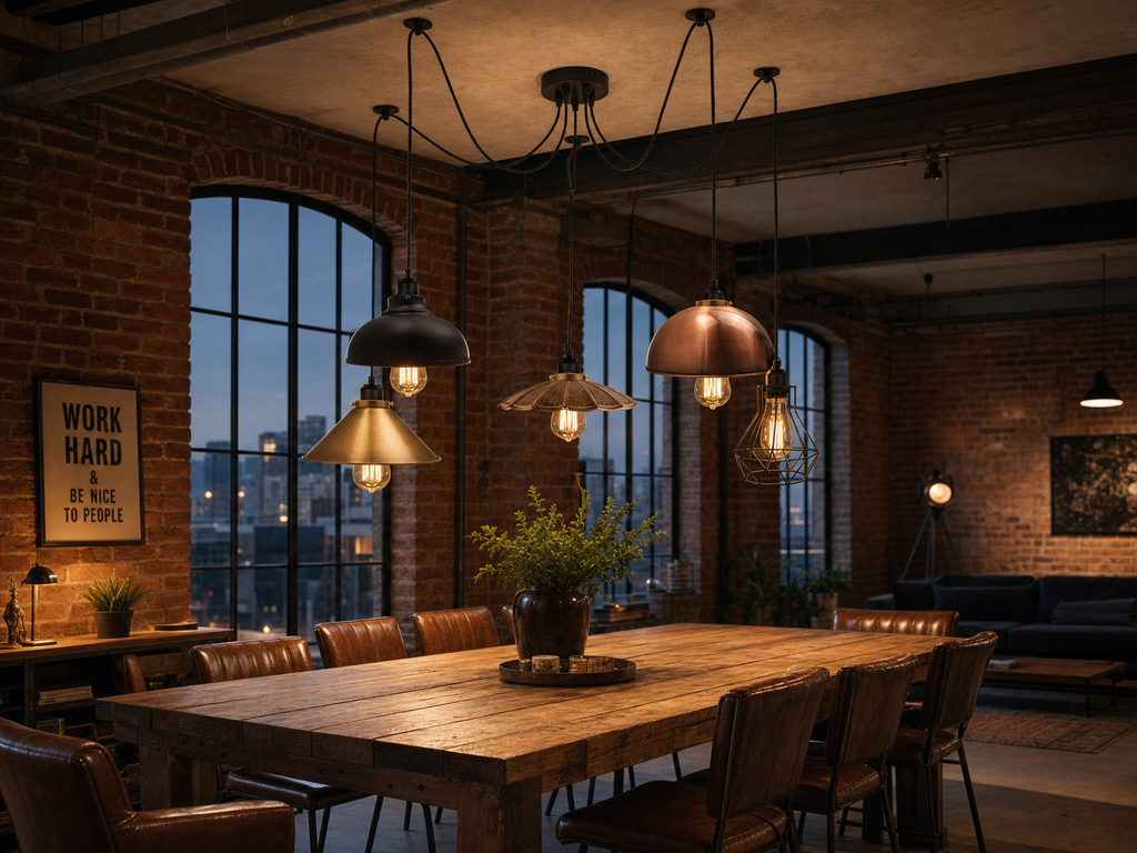 Borough 5-light spider cluster pendant chandelier above a reclaimed-oak dining table in a warehouse loft with exposed brick and city views