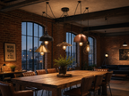 Borough 5-light spider cluster pendant chandelier above a reclaimed-oak dining table in a warehouse loft with exposed brick and city views