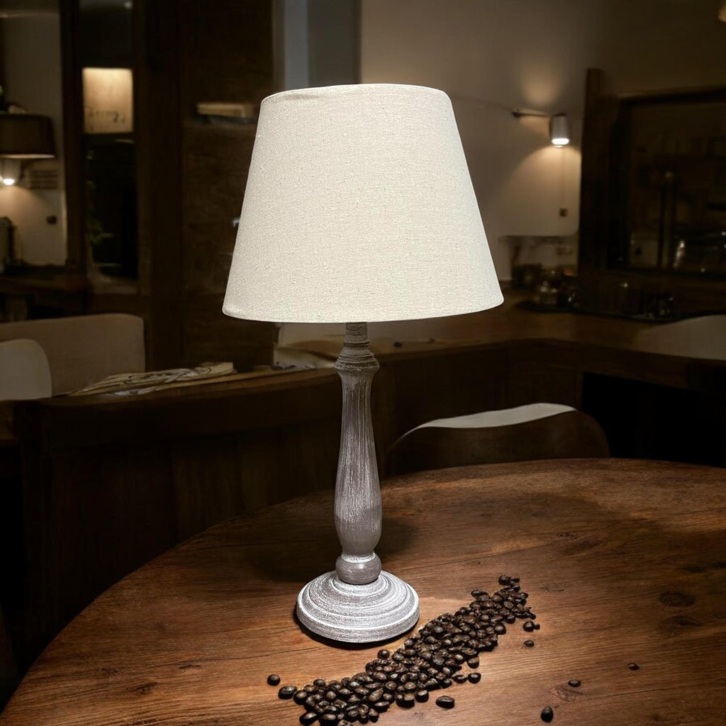 The Ludlow Lamp — Tall Wood-Effect, Taupe Linen Shade