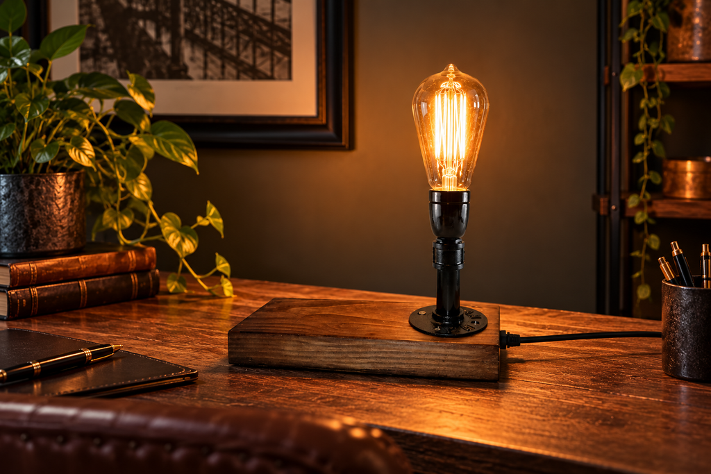 Calderwick steampunk pipe table lamp with illuminated Edison bulb on a warm industrial-style desk