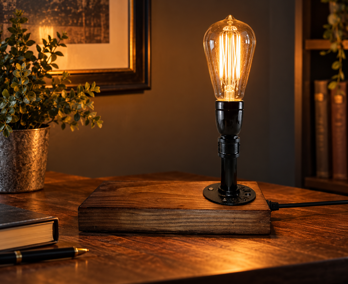 Calderwick steampunk pipe table lamp styled with a warm illuminated Edison bulb in a premium home office