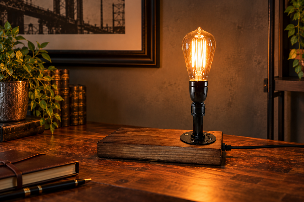 Calderwick steampunk pipe table lamp glowing with an Edison bulb in a warm vintage-inspired study