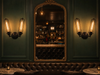 Pair of Clerkenwell double cage wall sconces flanking a gilt mirror in a speakeasy cocktail bar with leather banquettes