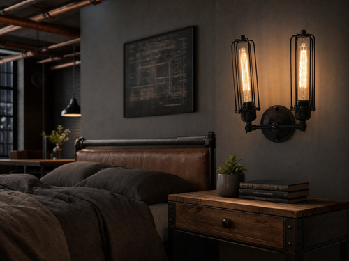 Clerkenwell twin cage wall sconce beside a leather headboard in a modern industrial bedroom with copper pipes