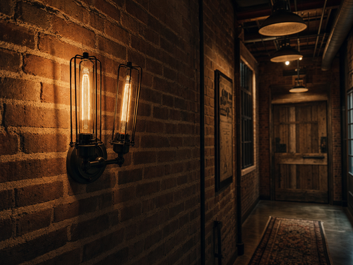 Clerkenwell industrial double Edison cage wall sconce casting warm amber light on exposed brick in a Victorian warehouse hallway