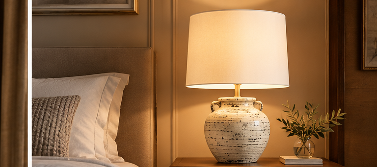 Coraveil cream ceramic table lamp styled on a bedside table