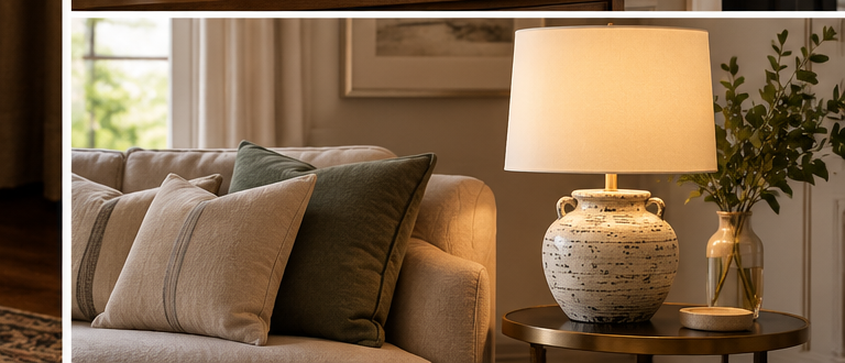 Coraveil cream ceramic table lamp styled beside a living room sofa