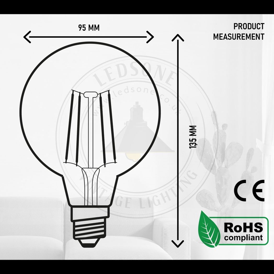 Soho — Amber Glass G95 LED Globe Bulbs, E27 Dimmable 2700K, 4W, Set of Six