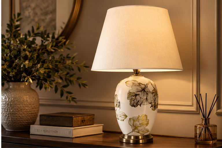 Elowen botanical ceramic table lamp styled on an elegant console table