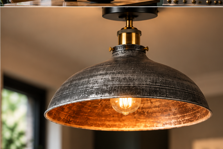 Close-up lifestyle view of the Emberholt brushed silver ceiling light with warm copper-toned interior