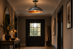 Emberholt brushed silver semi-flush ceiling light styled in a warm contemporary hallway