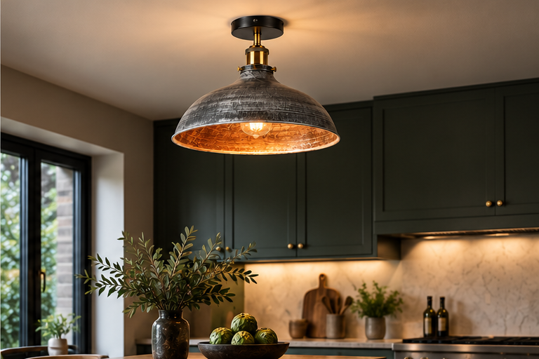 Emberholt brushed silver semi-flush ceiling light styled in a premium modern kitchen