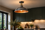 Emberholt brushed silver semi-flush ceiling light styled in a premium modern kitchen