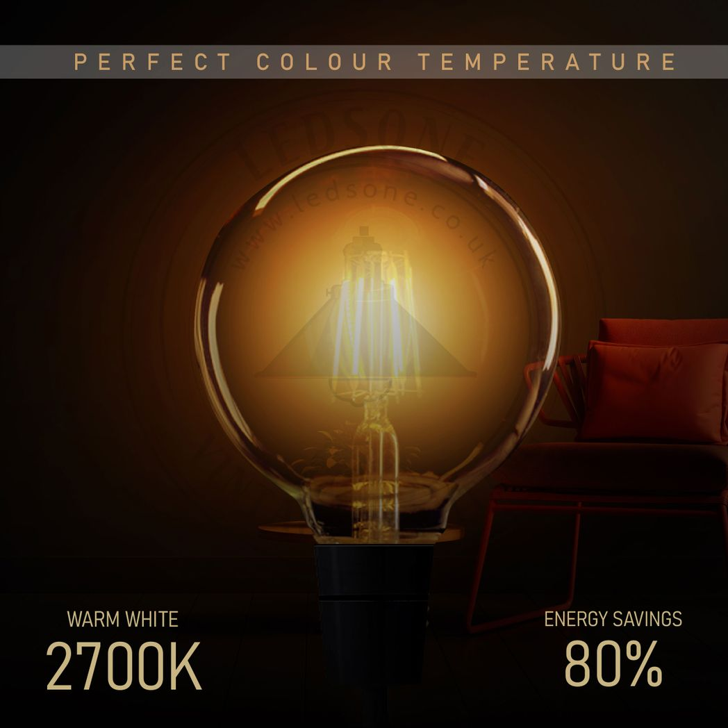 Brompton - Vintage Amber Glass G95 LED Globe Bulbs, E27 Dimmable 2700K, 4W, Set of Five
