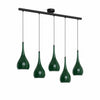 Halcombe five-light linear pendant on a slim black ceiling bar — five glossy Studio Green enamel teardrop shades, product view on white