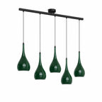 Halcombe five-light linear pendant on a slim black ceiling bar — five glossy Studio Green enamel teardrop shades, product view on white