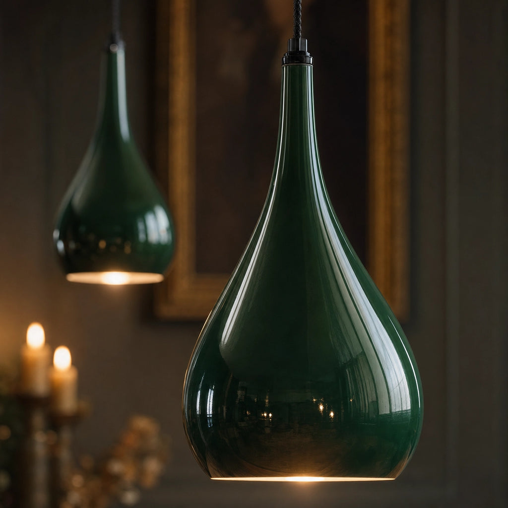 Detail of two Halcombe teardrop shades in glossy Studio Green enamel, candlelit interior beyond, showing the curved silhouette and surface finish