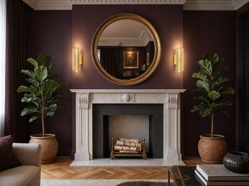 Pair of Hatton brushed-gold mesh wall sconces flanking an oval gilt mirror above a Carrara marble fireplace in a deep aubergine Mayfair drawing room