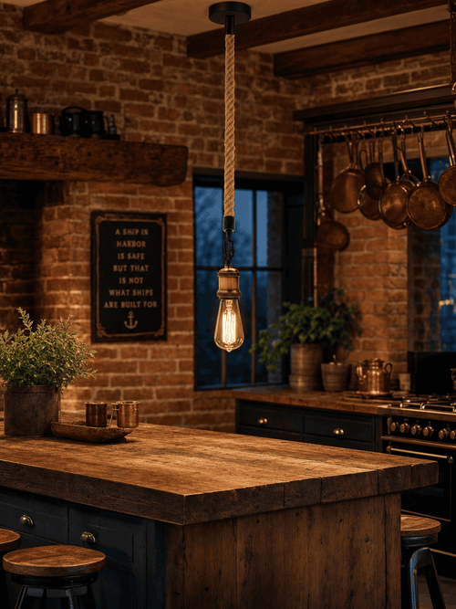 Rotherhithe hemp rope pendant light hanging in a rustic kitchen