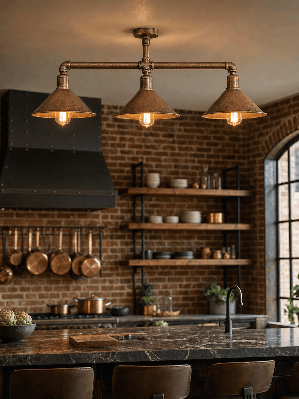 Limehouse 3-light copper pipe ceiling bar installed in an industrial warehouse kitchen