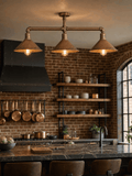 Limehouse 3-light copper pipe ceiling bar installed in an industrial warehouse kitchen
