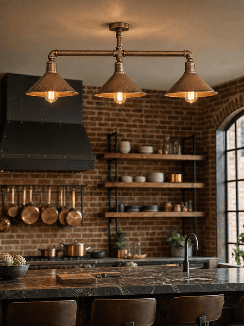 Limehouse 3-light copper pipe ceiling bar installed in an industrial warehouse kitchen