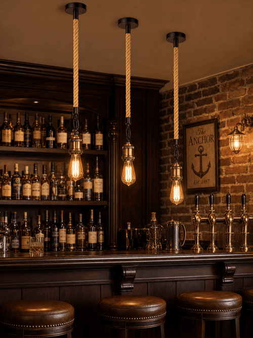 Three Rotherhithe hemp rope pendant lights hanging above a dark wood bar