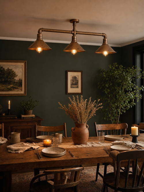 Limehouse copper pipe flush mount ceiling light above a reclaimed oak dining table