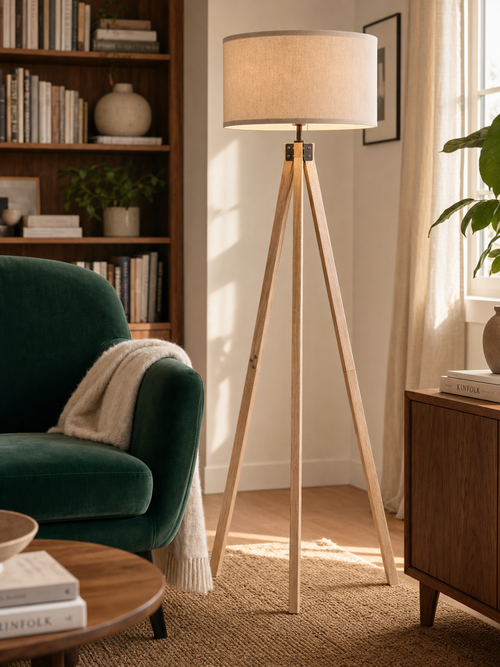 Highgate rubber wood tripod floor lamp beside a green velvet armchair in a Scandinavian living room