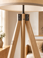 Close-up detail of the Highgate floor lamp showing natural wood grain and industrial metal hardware hub