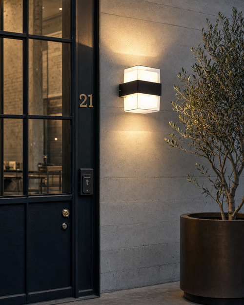 Hoxton Frosted Cuboid Outdoor Wall Light — hero 1