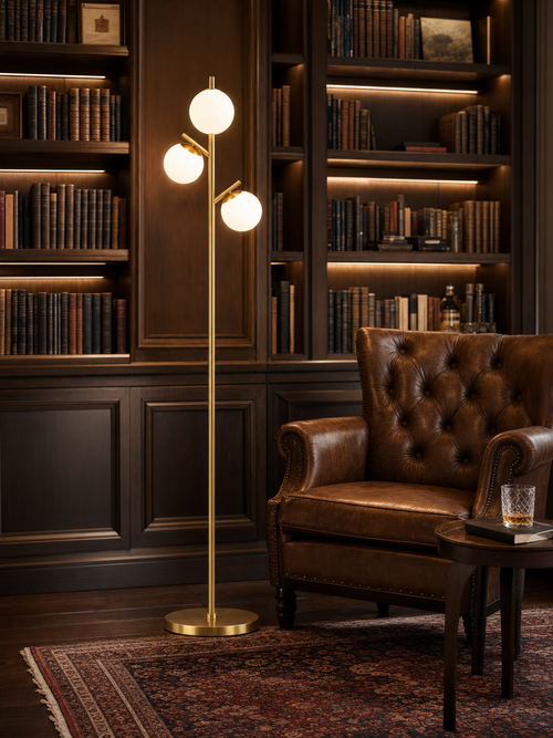 Kensington Gold Tone 3-Light Globe Tree Floor Lamp beside leather armchair in home library
