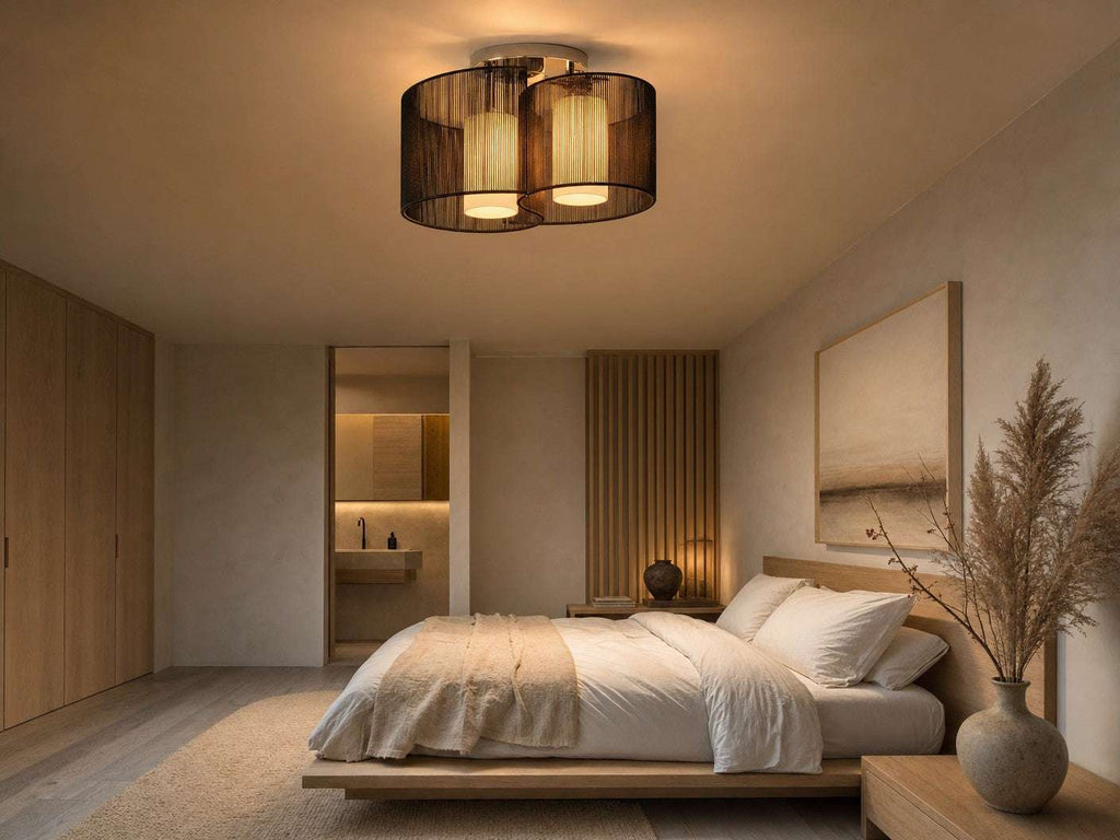 Kura twin-shade flush mount ceiling light installed in a Japandi-style master bedroom with oak bed and pampas grass