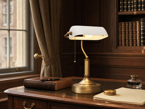 Lincoln White banker's library table lamp on a Georgian leather-topped walnut writing desk in a panelled barristers' chambers, beside a leather-bound legal book, fountain pen and crystal inkwell, with shafts of evening light through a sash window