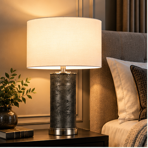 The Linden Lamp styled on a bedside table in a warm neutral bedroom