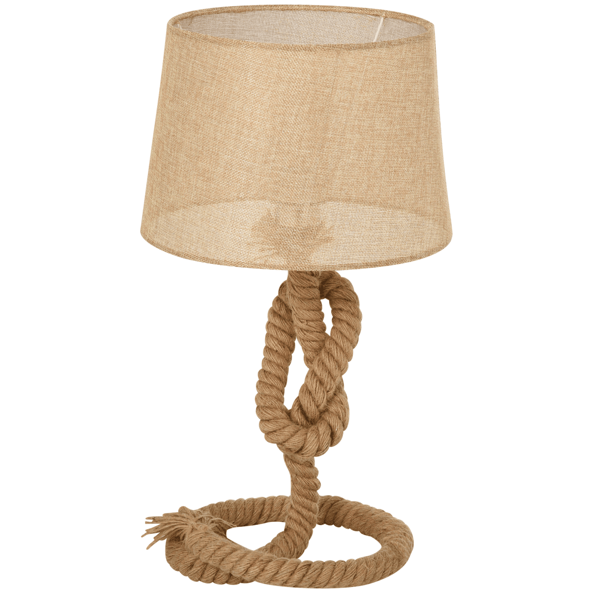 Aldeburgh Hemp Rope & Linen Drum Table Lamp in a cosy living room setting, showcasing its warm, natural aesthetic and texture