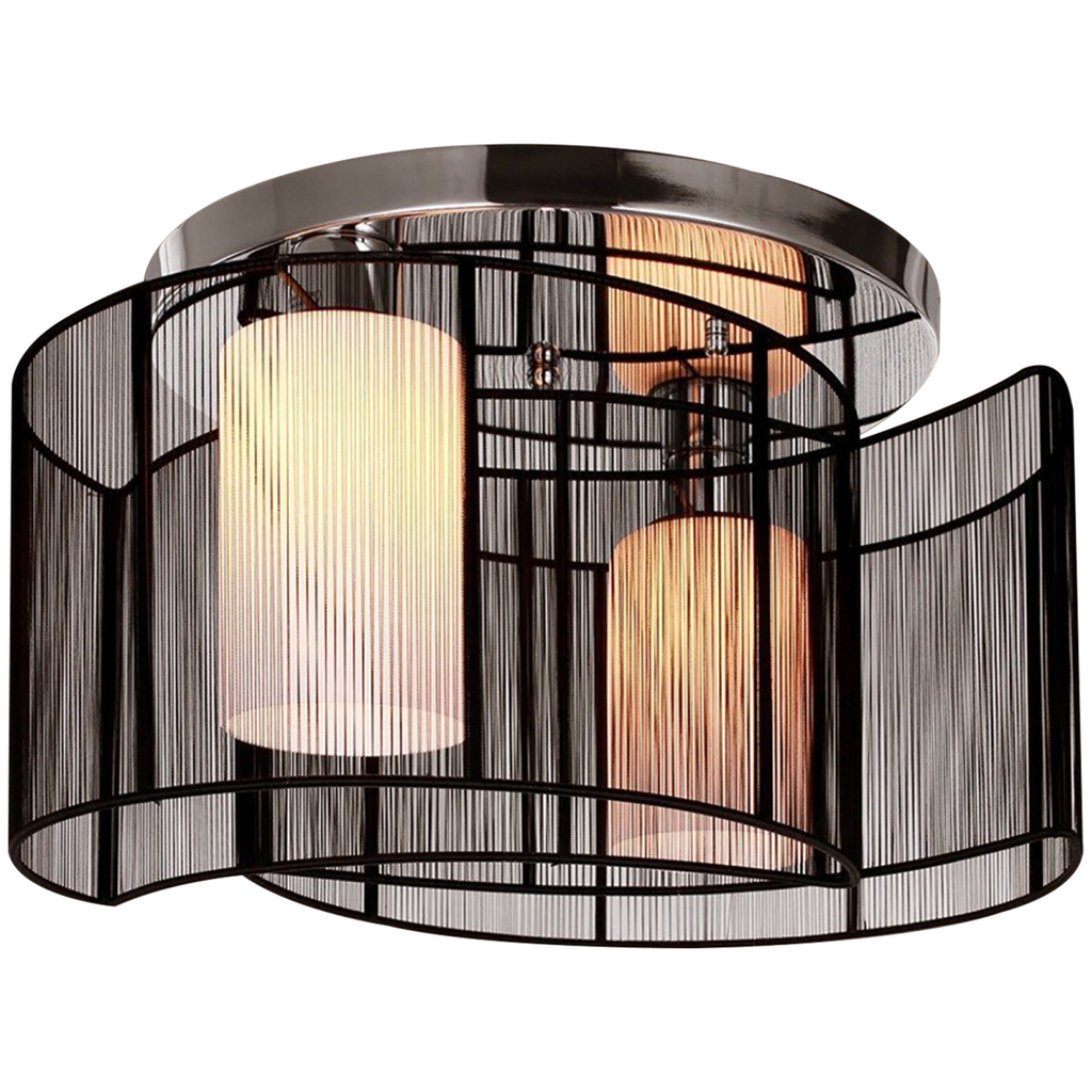 Kura modern twin-shade flush mount ceiling light in a contemporary living room setting, showcasing its sleek design and brass