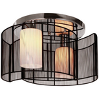 Kura modern twin-shade flush mount ceiling light in a contemporary living room setting, showcasing its sleek design and brass