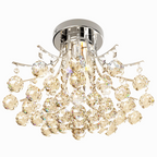 Lyra petite round crystal flush mount chandelier in a modern living room setting, showcasing its elegant design and sparkling